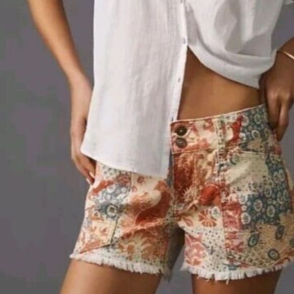 Pilcro Anthropologie The Wanderer Orange Blue Boho Floral Print Fray Cuff Shorts - Picture 3 of 16
